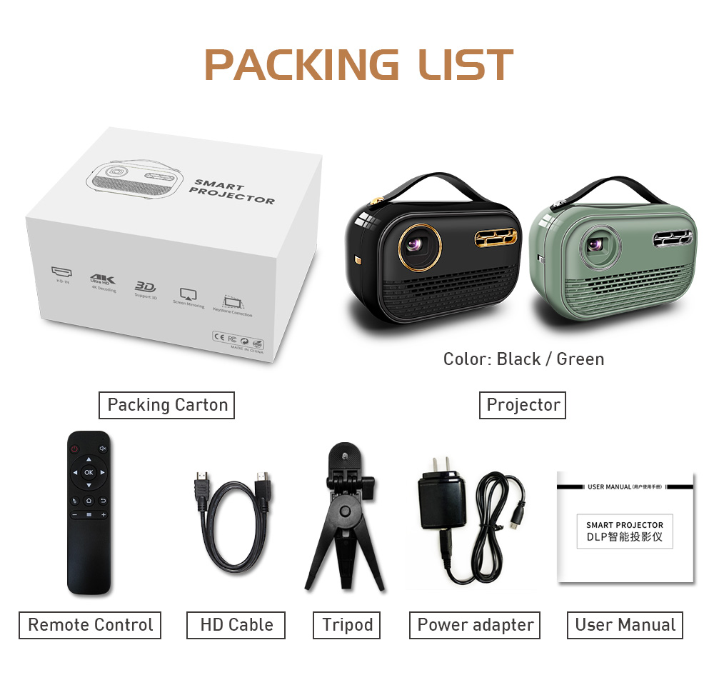 4K Mini DLP Projector Portable Durable Android Home Theater Mini Projector