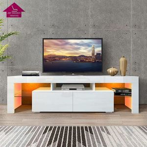 Meuble TV avec lumières LED, 2 tiroirs et étagères ouvertes, centre de divertissement brillant, <span class=keywords><strong>console</strong></span> multimédia, <span class=keywords><strong>table</strong></span> de rangement, <span class=keywords><strong>bureau</strong></span> - Product Image 1