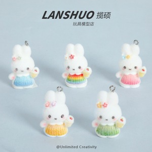 Flocked Cartoon Rabbit Miniature 3D Keychain Pendant Plastic Resin <b>Car</b> Interior <b>Decor</b> DIY Jewelry Set - Product Image 4