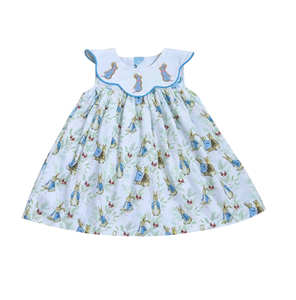Hand Embroidery and Knot Dress Easter Bunny Print Scalloped Collar Sleeveless Toddler Girls Party Dress Custom Size - Product Image 1