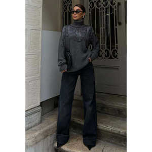 Pull en tricot Sobe avec détails en pompon pour femme, manches longues, décontracté, anti-boulochage, anthracite - Product Image 6