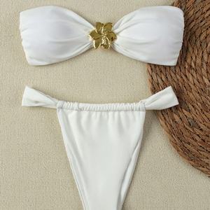 Solid Color 2025 Textured Triangle One-Shoulder Women <b>Bikini</b> <b>Set</b> Bowknot 2 Piece Custom Quick Dry Push V-<b>Strings</b> Swimsuit - Product Image 6