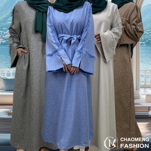 6804# Latest Ladies Design Linen Material Split Cuffs With Small Tassel Sleeves With Pockets Daily Casual Elegant Dress - Product Image 1