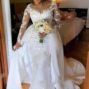 S8217F Африканское элегантное платье с длинным рукавом Русалка вышитое бисером кружевное платье большого размера со съемным хвостом Кружевное белое свадебное платье