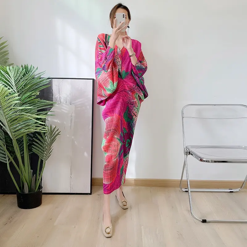 Últimas poliéster indiano desgaste feminino moda temperamento mangas batwing patchwork cor plus size miyake plissado mulheres vestido