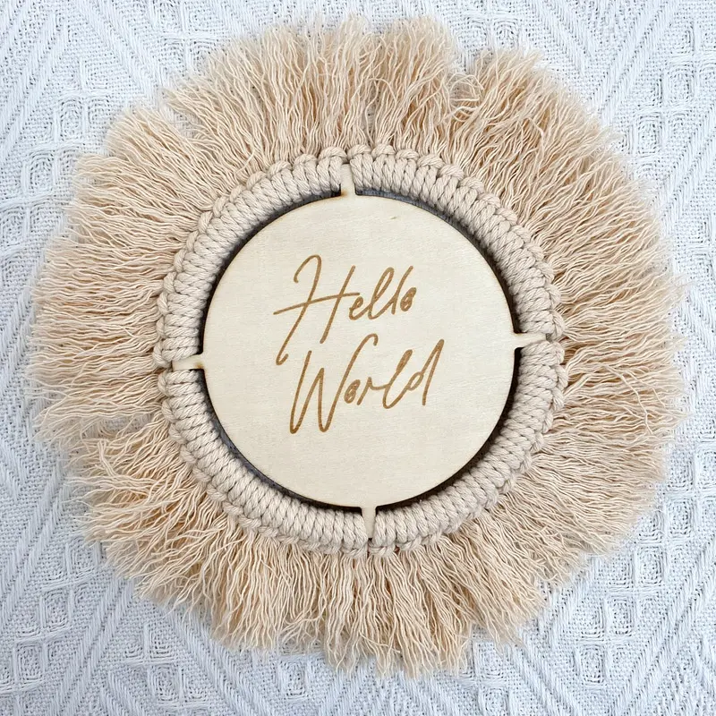 Hello World Plaque Macrame Houten Baby Milestone Kraamcadeau Pasgeboren Baby Geboorte Aankondiging