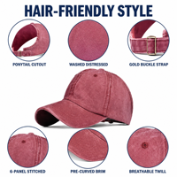 Casquette de baseball vintage sportive personnalisée effet vieilli et délavé pour femme, avec trou pour queue de cheval, boucle dorée et sangle réglable, 6 panneaux
