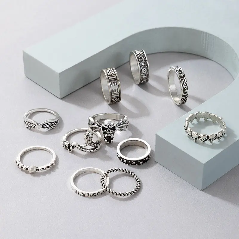 Anéis punk em prata ajustáveis, vintage, 11 peças, conjunto de anéis para homens