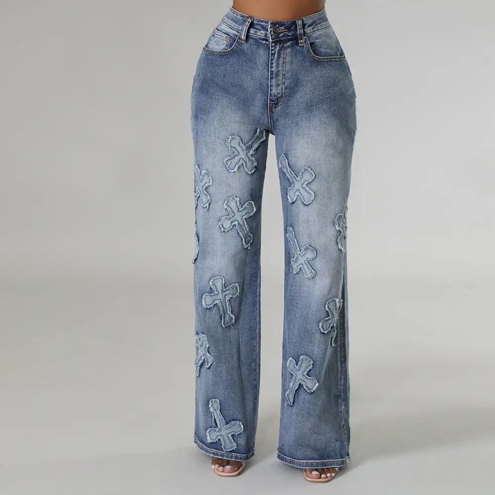 Luze autunno nuovi arrivi Jeans Vintage ricamati Jeans a vita alta Hip Hop dritti in Denim