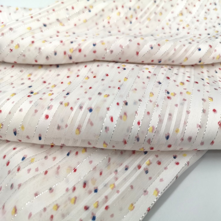 Популярный дизайн, серебристая шелковая тканая полиэфирная ткань в полоску, дизайн для женской одежды