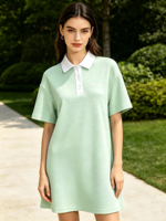 Robe Polo Femme Décontractée Quotidienne Mi-longue à Manches Courtes en Tissu Gaufré Doux Brodé – Modèle Sportif Tendance