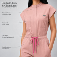 Combinaison pour femmes à col montant, manches courtes, taille à cordon de serrage, jambes larges, extensible dans 4 directions, multi-poches, pour uniforme d'infirmière en milieu hospitalier et clinique