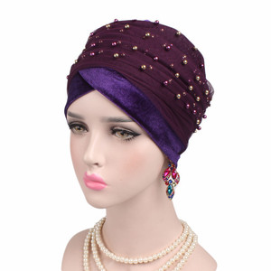 N880 Jolie perle velours Turban casquettes écharpe africaine chapeaux de <span class=keywords><strong>chimio</strong></span> doux chignon chapeau bandeau musulman bonnet bonnet bandanas - Product Image 4