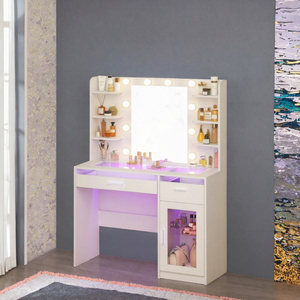 White Contemporary <b>Makeup</b> <b>Vanity</b> Desk Mirror LED <b>Lights</b> RGB Cabinet Drawers- Shelves <b>for</b> Bedroom - Product Image 3