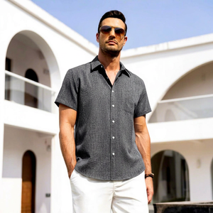 Men's Gray Short Sleeve Cotton Poplin Casual Shirt Solid Color Turn-down Collar Breathable Summer Wear - Product Image 1