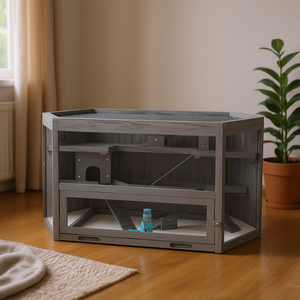 Cage à hamster en bois gris à 3 niveaux avec accessoires, maison de jeu pour petits animaux - Product Image 2