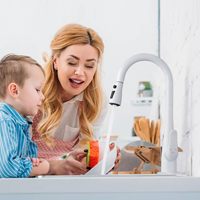 Robinet de cuisine moderne en acier inoxydable brossé avec distributeur de savon et douchette extractible, monocommande, monotrou, pour montage sur plan en céramique