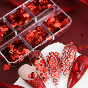6 Rejillas de Lentejuelas Brillantes para Decoración de Uñas con Forma de Corazón Rojo para el Día de San Valentín, Accesorios para Decoración de Uñas con Lentejuelas Láser Rojas - Product Image 1