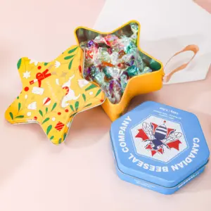 Vanjoin - Caixa de lata para armazenamento de biscoitos e doces, recipiente colorido com estrela azul e amarela, design fofo e formato exclusivo