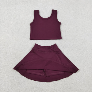 Nuevo Conjunto de Ropa de Yoga para Niñas, Top y Falda/Shorts Color Vino, para Verano - Product Image 1