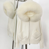 Jxwatcher Manteau d'hiver en tricot doux de luxe Col en fourrure de renard véritable avec poche zippée Vente en gros de pull en laine personnalisé pour femmes