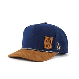 Boné de beisebol de dois tons perfurado Gorras da corda do chapéu do pai do remendo de couro personalizado do chapéu de beisebol do OEM 5 painéis