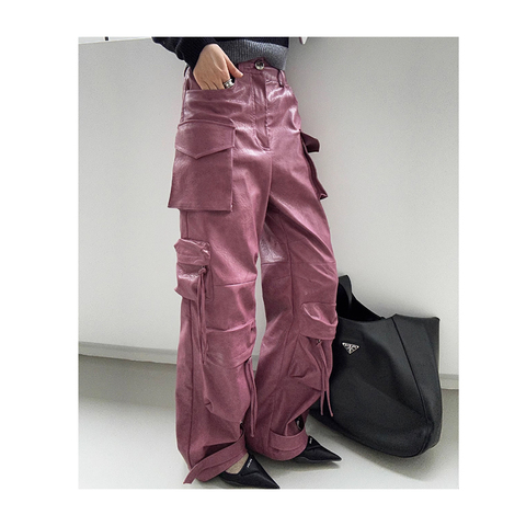 3669 Products Tendance High Street Leather Cargo Trousers High Waist Long Pink Real Cowhide Leather Pants