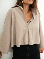 Chemisier en jean rayé pour femme, coupe oversize, court, épaules tombantes, manches trois-quarts, col boutonné, décontracté, style navetteur