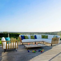 Ensemble de canapé et table basse en teck massif de style nordique en forme de L avec design en corde tressée pour jardin/cour/villa