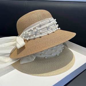 Summer New Pearl Mesh Sunshade <b>Straw</b> <b>Hat</b> Female Bowknot Bucket <b>Hat</b> Wholesale - Product Image 3