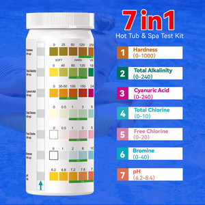 Bandelettes de test de piscine 7-en-1 – Kit de test d'eau pour chlore total, chlore libre, brome, pH, alcalinité, acide cyanurique, dureté - Product Image 3