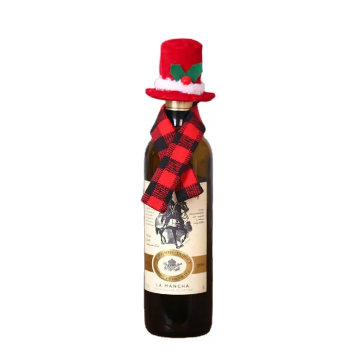 Sciarpa di natale artigianato Bottiglia sciarpe Rosso e nero griglia Cappello e sciarpa set di vino in tessuto di copertura decorazioni del partito di Festa