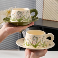 Tasse et soucoupe en céramique rétro américaines, motif orchidée verte peinte à l'huile, style Hepburn, pour café ou thé de l'après-midi