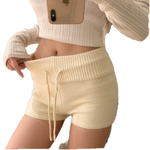 Shorts de mezclilla vintage para mujer, lavado a la piedra, cintura baja, con cordón, ribete de volantes, cintura elástica, de ganchillo, casuales de verano, antiexposición - Product Image 1