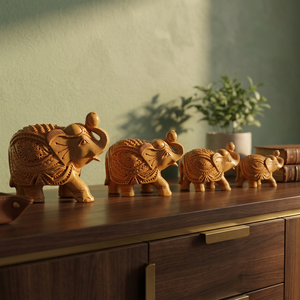 Ensemble de figurines d'éléphants en bois de Sheesham sculpté à la main avec détails complexes et grain de bois naturel, décoratives pour la maison - Product Image 1
