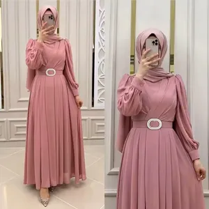 Dubai Woman Muslim Dress Clothing Long Sleeves Round Collar Solid Color Chiffon Dress Abya with Belt