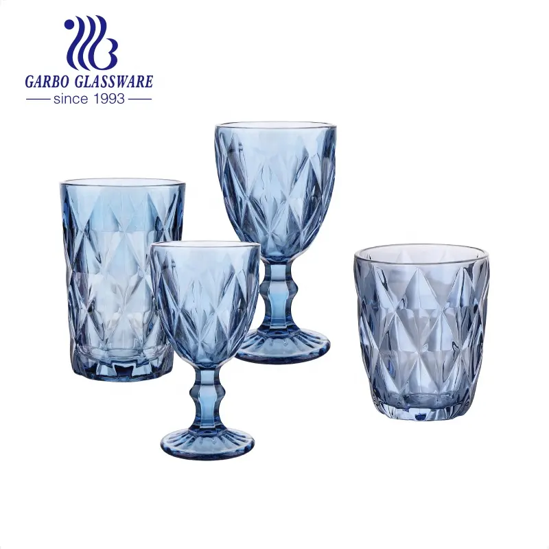 Wholesale Glassware factory Colored Goblet Wine Glasses Water Glass Pressed Blue Party Goblets High Quality Lead-Free Vintage