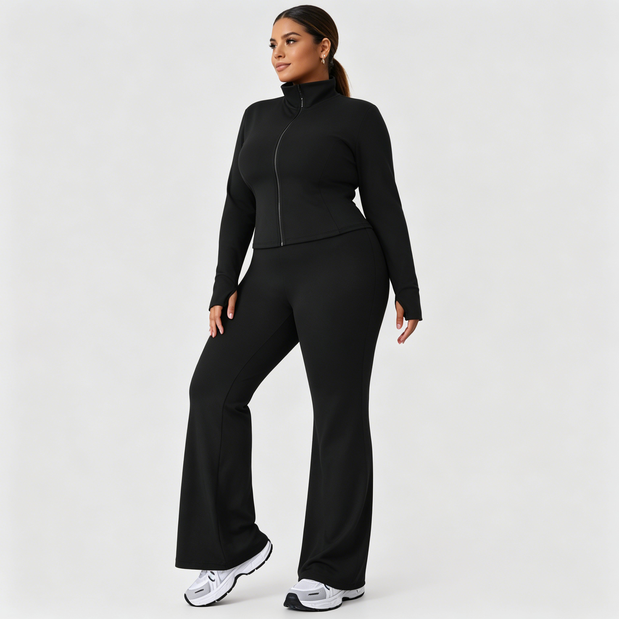 Women's Plus Size Sports Set For Autumn & Winter Slim-Fit Stand Collar Jacket High-Stretch Hip-Lifting Flared Pants Fitness Suit
