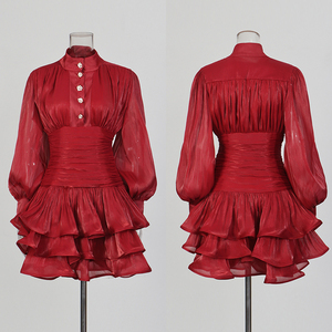 Vestido Mini Elegante Bege com Gola Alta para Mulheres, Manga Bufante, Cintura Franzida, Vestido de Festa em Camadas para Coquetel, Madrinha, Casamento - Atacado - Product Image 2