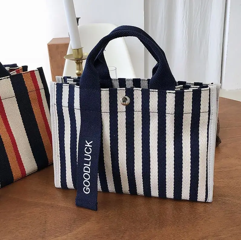 Women Striped Customized Cotton Canvas Bags Casual Large Handbag Shopping Grocery Crossbody Bag