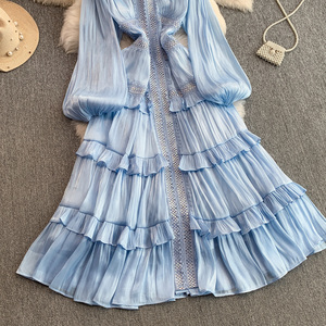 Abito Vintage con Scollo a V in Pizzo, Elegante <span class=keywords><strong>Vestito</strong></span> Lungo da Donna con <span class=keywords><strong>Maniche</strong></span> a Lanterna e Orlo a Strati Glitterato per un Look Retrò e Aderente - Product Image 6