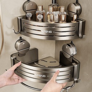 Blue Vine Corner Bathroom Shelf Suction Mounted Triangle Storage Rack With <b>Hooks</b> For Shower Toilet - Product Image 2