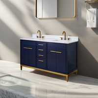 Meuble-lavabo moderne en bois massif étanche avec vasque sur plan, modèle 3D, armoire de salle de bain avec panneau de porte laqué, surface bleu marine