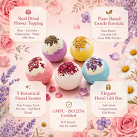 Coffret Cadeau de Bombes de Bain Artisanales aux Fleurs Séchées Naturelles, 5 Pièces, 100g, Rose, Lavande, Camomille, Violette, Lait de Rose, Étiquette OEM