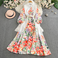Robe longue décontractée pour femme, élégante, à imprimé floral, coupe trapèze, col montant, manches longues lanternes, ceinturée, pour le quotidien et les vacances