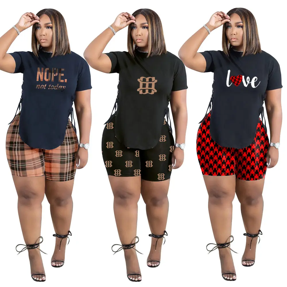 Z91594 Y2K Plus Size Casual Letter Print Plaid two piece short set women summer clothing