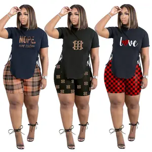 Z91594 2024 Y2K Tallas grandes Casual Nope Love Letter Print Plaid conjunto corto de dos piezas ropa de verano para mujer