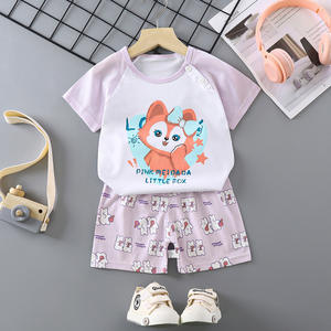 Ensembles de vêtements d'été décontractés pour bébés 2025 en gros, 100 % coton, à manches courtes avec motif de dessin animé, style décontracté - Product Image 3