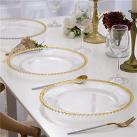 Assiettes de présentation en plastique argenté de 13 pouces avec bordure perlée, motif végétal moderne et luxueux, transparentes, pour mariage, banquet, décoration de table à domicile