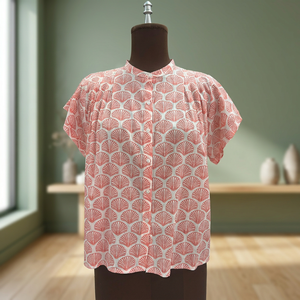 Blusa de Mujer Estilo Coreano Vintage, 100% Algodón, Estampado de Conchas Rosadas, Manga Casquillo, Cuello Mao, Botones, Informal, Primavera-Verano, Corte Regular - Product Image 2